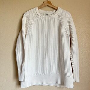 LL Bean Sweater Size L White Cotton Knit Ribbed Raglan Fisher Cottage Lagenlook